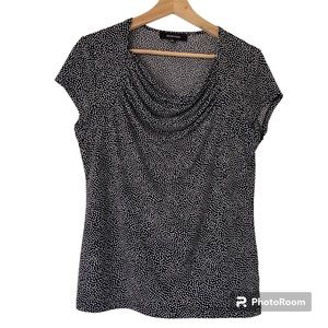 JONES & CO BLACK/WHITE POLKA DOT CAP SLEEVE TOP/BLOUSE W/ COWL/DRAPED NECK, M